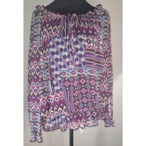 Vintage Sushi Flower Boho Peasant Top Mixed-pattern Purple & Blue Patchwork XL